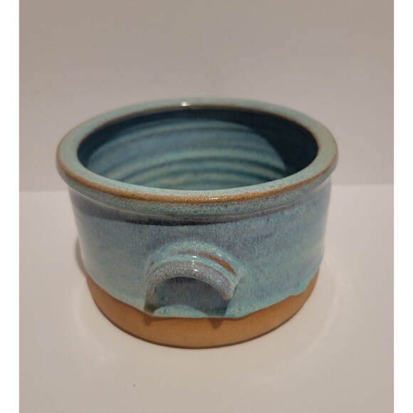 Handmade Studio Art Pottery Bowl with Handles Blue Swirl Glaze Artist Signed - Picture 2 of 9